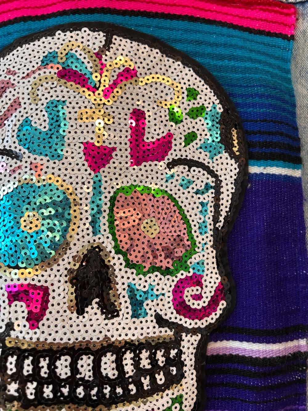 Old Navy Light Wash Denim Jacket with Colorful Embroidery sequin skull - Picture 7 of 8